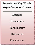 Text Box: Descriptive Key Words  Organizational Culture     Dynamic  Democratic  Participatory  Horizontal  Equalitarian  